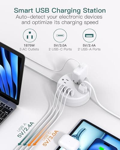 Addtam Travel Esstentials - Cruise Approved Power Strip with 5ft Retractable Cord, Ultra Thin Flat Plug, 3 Outlets 4 USB (2 USB C), Non Surge Protector for Travel/Cruise/Home/Dorm/Office, ETL Listed thumbnail 3