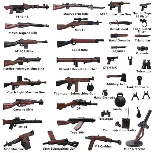 HIMIRICH Military Weapons Pack Accessories Kits Toys, Army Equipment Gear WW2 Guns for Boys 6+, Compatible with Mini Figure of Major Brand(Two-Tone Weapon Pack-Blackish Brown) thumbnail 4