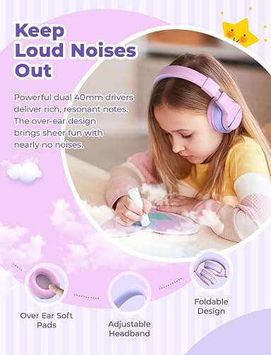 iClever BTH12 Kids Bluetooth Headphones,Colorful LED Lights,74/85dBA Safe Volume,85H Playtime,Bluetooth 5.2,Over Ear Headphones Built-in Mic for iPad/Tablet/Airplane,Blossom Pink thumbnail 6