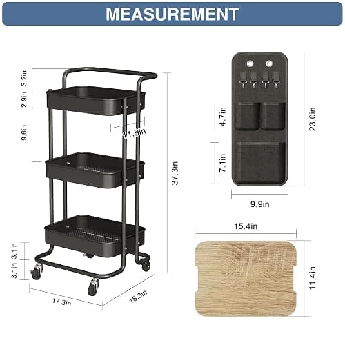 DTK 3 Tier Metal Utility Rolling Cart with Table Top and Side Bags, Tray Storage Organizer Wheels, Art Craft 4 Hooks for Kitchen Bathroom Office Living Room (Black) thumbnail 3