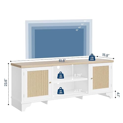 IDEALHOUSE 2 Piece Living Room Set, 62" TV Stand Coffee Table, White | Rattan TV stand and matching coffee table provide concealed storage and display space for an organized living room setup thumbnail 2