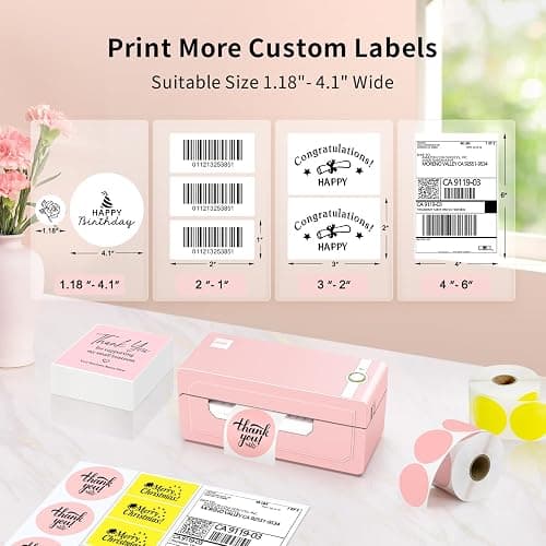 JADENS Bluetooth Thermal Label Printer 4x6, Pink Wireless Shipping Label Printer for Small Business & Packages, Compatible with iOS, Android, Mac, Windows, Amazon, Etsy, Ebay, Shopify thumbnail 5