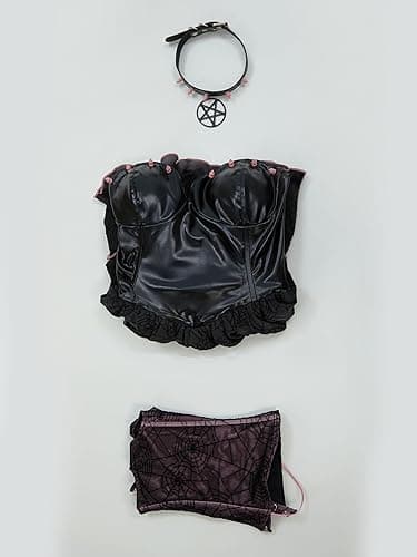 MEOWCOS Women's Gothic Dress A-line Goth Corset Dress Spider Web See-Through Layer Dress - Black and Pink - Medium thumbnail 6