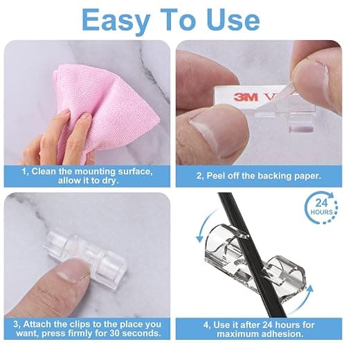 Adhesive Cable Clips Clear (40PCS, M), Upgraded Wire Holders for Wall, Strong Cord Organizer Under Desk, Car, PC, Christmas Light Indoor/Outdoor thumbnail 5