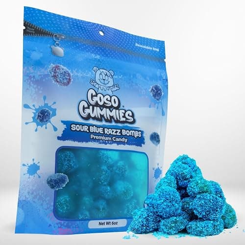 Goso Gummies Sour Blue Razz Bombs – 6oz Bag – Sour Blue Raspberry Filled Candy - Image 1