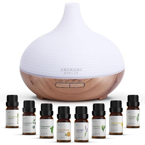 ASAKUKI 300ml Aroma Diffuser, Ultraschall Luftbefeuchter mit 8 * 10ml Ätherische Öle Set Diffusor, 14 Farben LED, 23dB Cool Mist Raumbefeuchter, Yoga, SPA, Zuhause Gelb - Image 1