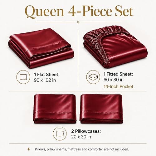 CozyLux Satin Sheets Queen, 4-Piece 14-Inch Deep Pocket Sheet Set | OEKO-TEX Certified Silky Soft Sheet Set for Hair & Skin, Luxurious Silky-Smooth Satin for Elegant Bedroom Decor, Burgundy thumbnail 7