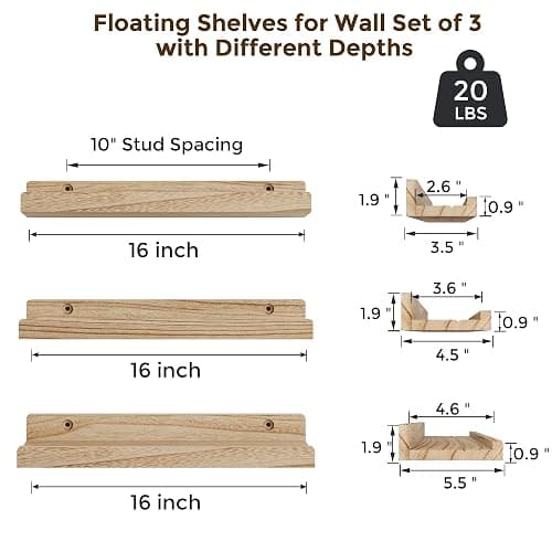 RICHFOCUS Floating Shelves for Wall, 16 inch Solid Wood Picture Ledge Shelf for Wall Storage, Nursery Book Shelves with Lip for Living Room Bathroom Bedroom Kitchen, Set of 3, Carbonized Black thumbnail 3