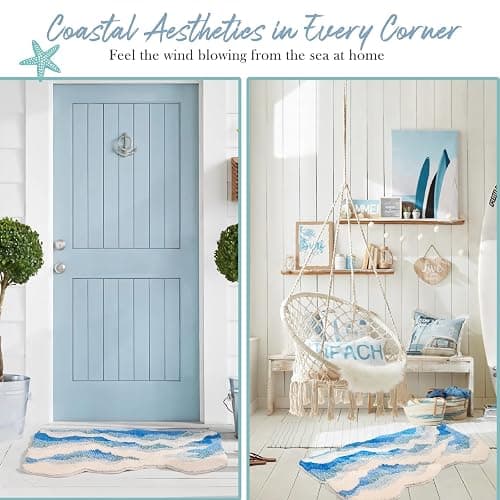 DyeFury Blue Ocean Wave Bath Mat, Cute Funky Bathroom Rugs for Coastal Beach Nautical Themed Decor, Non-Slip Washable Accent Rug for Bedroom Kitchen, Trendy Tufted Shower Mats 31"x 21" thumbnail 2