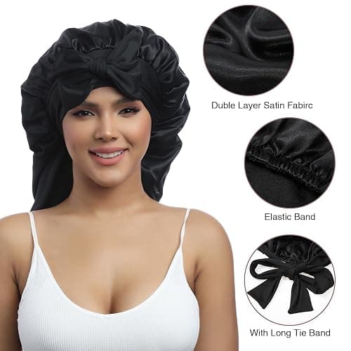 AWAYTR Long Satin Bonnet for Women - Double Layer Elastic Silk Bonnet for Braids Hair Sleeping Cap with Tie Band (Black) thumbnail 3