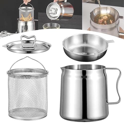 Arshany 2L Grease Container with Strainer, 4 in 1 Large Capacity Oil Container with Strainer Tray, Frying Basket & Lid, Stainless Steel Oil Filter Pot for Storing Cooking Frying Oil & Bacon Grease - Image 1