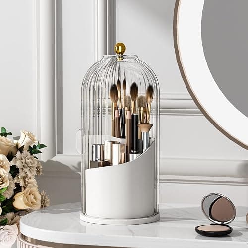 YOOLENS Makeup Brush Holder with Lid 360 Rotating Clear Dustproof Make Up Organizers for Vanity Bathroom Countertop, Transparent - Image 1