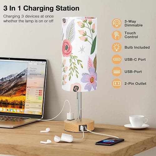 Fenmzee Floral Touch Lamp for Bedroom- 3 Way Dimmable Bedside Lamp USB C A Charging Ports and AC Outlet, Small Table Lamp Floral Linen Lampshade for Gift, LED Bulb Included thumbnail 6