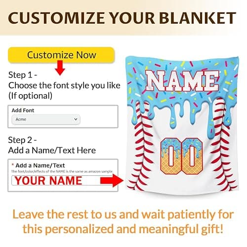 Ice Cream Baseball Blanket for Boys Girls Custom Kids Blanket Gift for Baseball Lovers, Cozy Light Blue Fuzzy Flannel Throw for Living Room Camping Club thumbnail 3