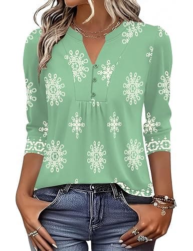 IECCP 3/4 Length Sleeve Womens Tops Dressy Casual Henley V-Neck Summer Tops | Business Casual Outfits,Cute Pleated T-Shirts,Loose Fit Tunics,Soft Lightweight Basic Tees,Work Blouses,2026 Fashion Clothes thumbnail 2