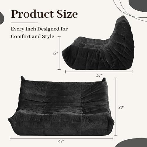 HABUTWAY Bean Bag Chair, Giant Bean Bag Chairs for Adults, Loveseat Fireside Chair, 2 Seater Lazy Bean Bag Sofa Memory Foam Couch for Living Room, Bedroom, Office (Black) thumbnail 2