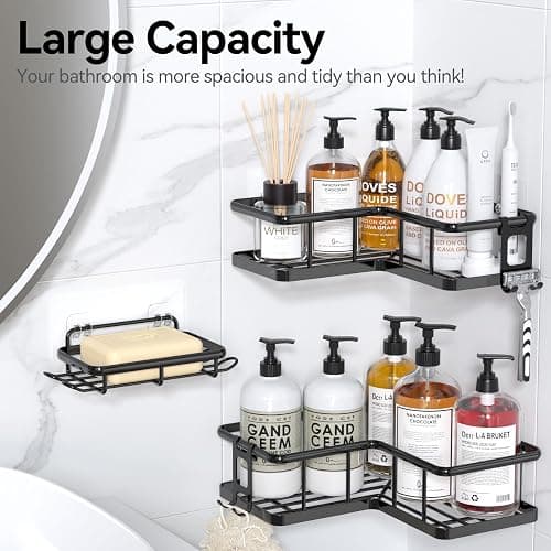 YASONIC Corner Shower Caddy Adhesive, 100% Rustproof Shower Organizer with Soap Holder, No Drill Shower Shelf for Inside Shower, Wall-Mounted Shower Storage for Homes (3 Pack, Black) thumbnail 9