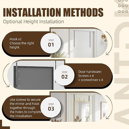 Antok 48"x14" Full Length Mirror Over The Door, Hanging Mirror, Rectangular Wall Mirror, Wall Mounted/Hanging/Leaning, Home Decor, Black thumbnail 7