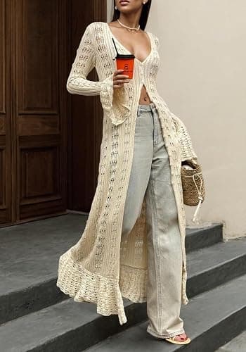 Unybwonn Long Cardigans for Women Crochet Hollow Out Knit Sweater Cover up Maxi Dress Long Sleeve Button Down Cardigan thumbnail 5