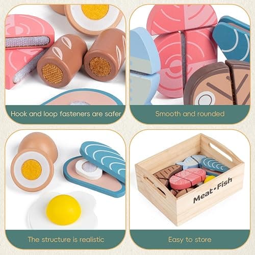 Kienvy 10 PCS Meat & Fish Wooden Play Food Set for Kids Kitchen, Wooden Toy Pretend Play Food Cutting Set, Realistic Protein Play Food Set, Christmas Birthday Present for Toddlers & Kids Ages 3+ thumbnail 5