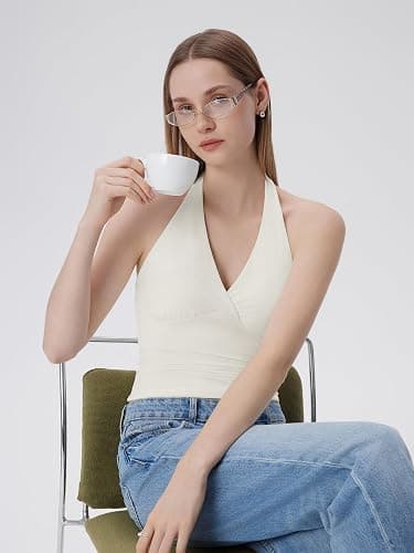 SUUKSESS Women Halter Backless Tank Tops with Built in Bra Double Lined V Neck Y2k Going Out Tops thumbnail 2