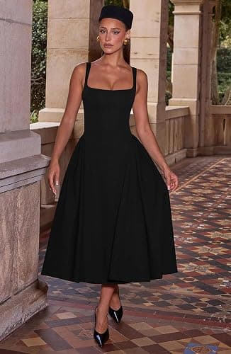 Memoriesea Women's Elegant Square Neck Swing A Line Wedding Evening Party Midi Dress thumbnail 5