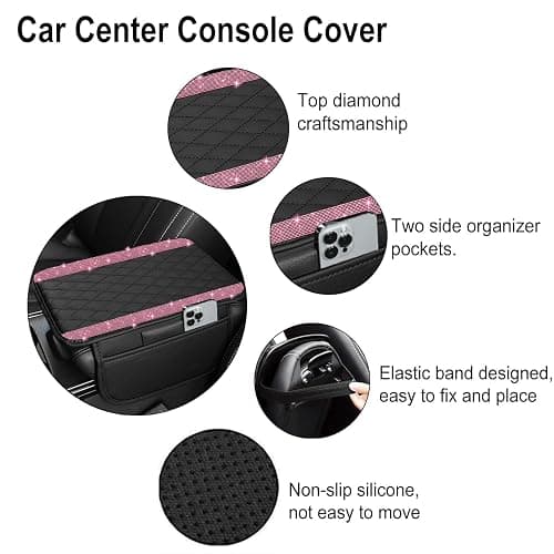 NBTEPEM Bling Car Center Console Cover, Leather Car Arm Rest Cover Cushion with 2 Storage Bags, Universal Automotive Armrest Protector Storage Box, Bling Accessories Interior for Most Vehicles (Pink) thumbnail 2