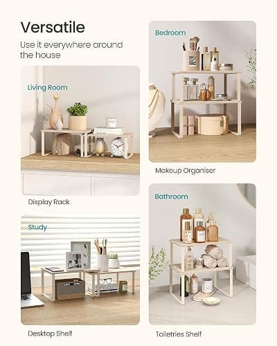 SONGMICS Spice Rack, Set of 2 Cupboard Shelf Organisers, Expandable Kitchen Shelf Organiser, Stackable Spice Holder, Metal and Engineered Wood, Travertine Beige and Cream White KCS020L01 thumbnail 6
