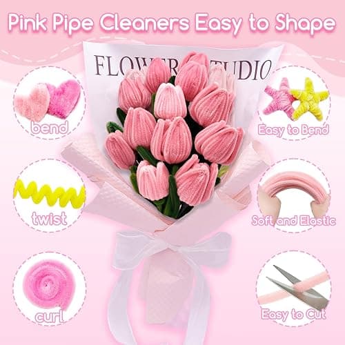 601PCS Complete Pink Pipe Cleaners Flower Kit–Pastel Pipe Cleaners for Flowers, DIY Craft Supplies for Projects, 6 Colors, with Floral Wires, Tape, Glue Sticks, Ribbon, Stamen, Manual & Video Tutorial thumbnail 4