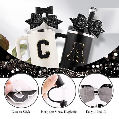 Lingdeer Black Cup Accessories Set for Stanley 30OZ & 40OZ Tumbler with Handle, Letter Charms, Bow & Diamond Straw Covers, Glitter Silicone Boot, Personalized Sticker for Stanley Cup Accessories (E) thumbnail 5