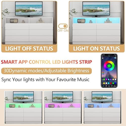 Gyfimoie 6 Drawer Double Dresser with Power Outlet, Accent Chests of Drawers with LED Light, Modern White Storage Dresser with Charging Station (Mirror Not Included) thumbnail 10