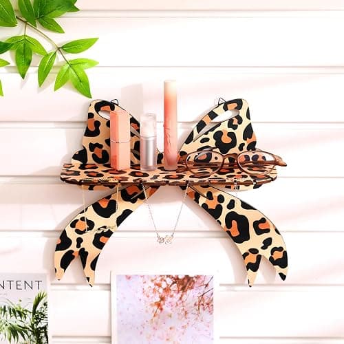 Pinkunn 2 Pcs Leopard Bow Wall Shelves Brown Cheetah Floating Crystal Display Rack with Screws Wooden Decorative Shelves Wall Mount Rustic Home Decor for Crystals Stone Sundries Storage thumbnail 2