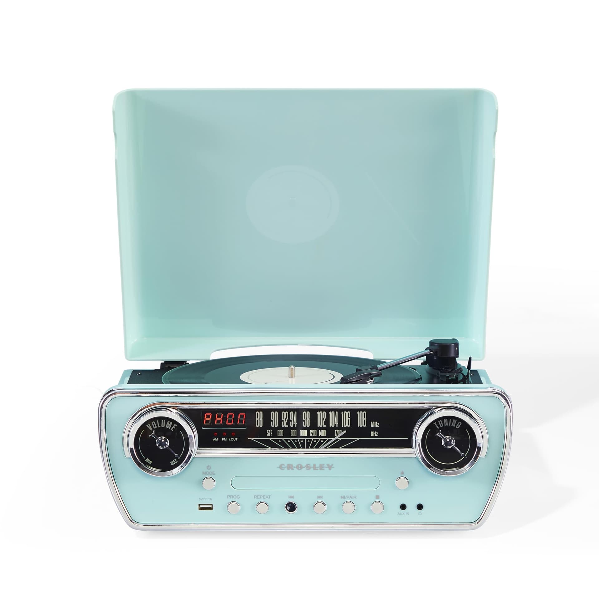 Crosley Powel 7-in-1 Record Player with Speakers & CD Player - Vintage Car Design Bluetooth Turntable Entertainment System with AM/FM Radio - Retro Aqua Style for Vinyl, Digital & Wireless Music thumbnail 2