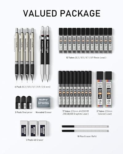 Nicpro 37PCS Art Mechanical Pencil Set, 4PCS Metal Drafting Pencil 0.3mm, 0.5 mm, 0.7 mm, 0.9 mm & 2PCS 2mm Lead Holder (6B 4B 2B HB 2H 4H Colors) For Sketching Drawing With 23 Tube Lead Refills Case thumbnail 5