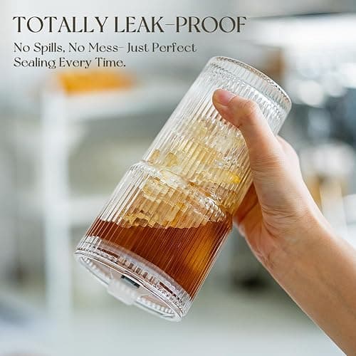 KEMORELA 2-Pack 20 oz Ribbed Glass Tumblers with Lids and Glass Straws – Vintage Iced Coffee Cups, Reusable Smoothie & Cocktail Drinking Glasses, Clear Glassware for Home or Cafe thumbnail 6