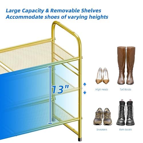 SUFAUY Shoe Rack for Closet, 33 inch Metal Shoe Shelf Heavy Duty, 3 Tier Mesh for Shoes, Gold thumbnail 7