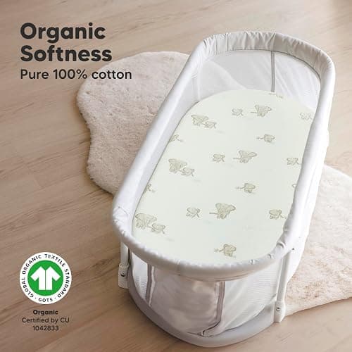 2-Pack Organic Bassinet Sheets for Girls, Boys - 33x17 Cotton Bassinet Mattress Sheets Fitted Compatible with Halo Bassinest Swivel Sleeper, Graco, Baby Delight, Chicco, Soft & Breathable (Elly) thumbnail 2