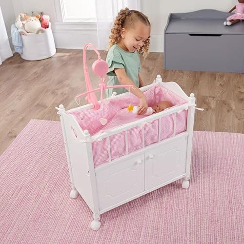 Badger Basket Wooden Toy Doll Bed with Storage, Mobile, and Bedding to Pretend and Play - Includes Wheels and Free Personalization Kit - White with Pink Gingham Fabric thumbnail 2