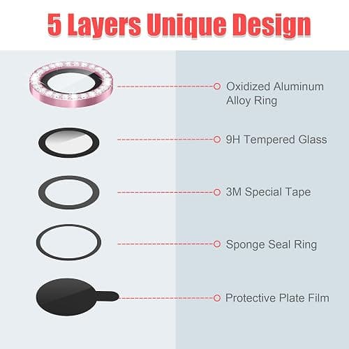 AGVEE 3+3 6 Pack Camera Lens Protector Compatible with iPhone 15/15 Plus, Bling Diamond & Glitter Metal Ring 9H Tempered HD Glass Camera Protector Cover Film, Bling-Pink thumbnail 7