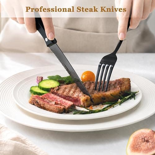 Astercook Silverware Set 48-Piece Black Flatware Set with Steak Knives Food-Grade Stainless Steel Cutlery Set for 8 Mirror Polished Utensils Set Include Spoons and Forks for Home Kitchen Restaurant thumbnail 2