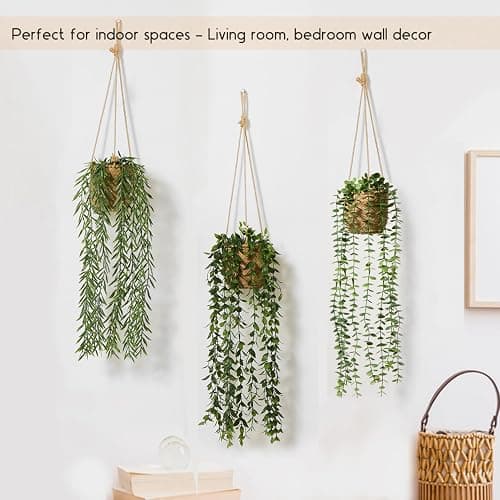 Mokof 3 Pack Artificial Hanging Plants in Boho Handwoven Baskets for Living Room, Bedroom, Bathroom Wall Shelf Decor thumbnail 6