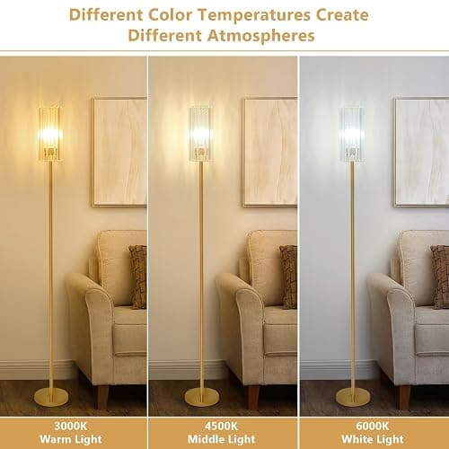 HMVPL Gold Floor Lamp for Living Room, Brass Pole Standing Lamp with K9 Crystal Shade, Modern Corner Standing Lamp for Bedroom with On/Off Switch, Elegant Crystal Tall Lamp for Office Kids Girls Room thumbnail 6