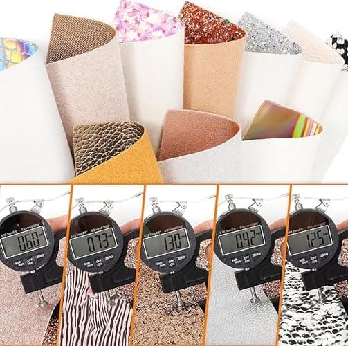 LOTOFUN 30 Pieces Random Colors Faux Leather Sheets 8X 6Inch Multiple Styles Mixed Glitter Grain Texture Embossed Pattern Printed Colored Leather for Earrings Making Hair Bow and Crafts DIY thumbnail 5