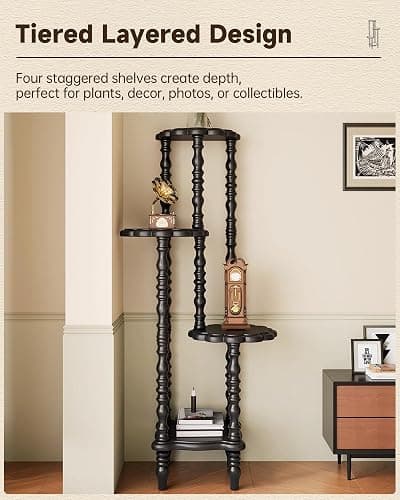 NKGIAG Vintage Corner Shelf 4-Tier, Solid Wood Display Shelf Mid Century, Unique Handcrafted Antique Display Rack, Freestanding Corner Bookshelf with Spindle Legs for Living Room Bedroom, Black thumbnail 8