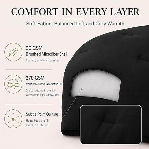 CozyLux Full Comforter Set, 3 Pieces Down Alternative Bedding, Black | 270 GSM All Season Comforter with 4 Corner Tabs for Use as a Duvet Insert, OEKO-TEX Certified, 2 Pillowcases, 82 x 86 in thumbnail 3
