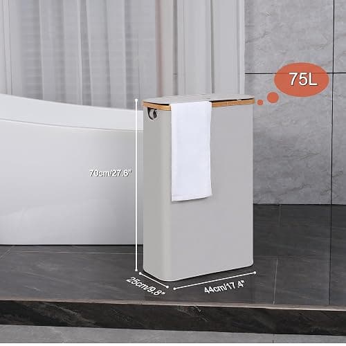 efluky Slim Laundry Basket with Lid, Narrow Laundry Hamper with Removable Bag, Skinny Dirty Clothes Basket with Bamboo Handles for Bathroom, Bedroom & Laundry Room, 75L Light Grey thumbnail 3