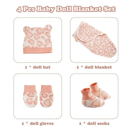 BABESIDE 4 Pcs Reborn Baby Doll Blanket with Doll Accessories Set for 17-24 Inch Babydolls, Heart Patterns Baby Doll Swaddle Blanket with Hat Gloves for Realistic Dolls Girl, Pink thumbnail 5