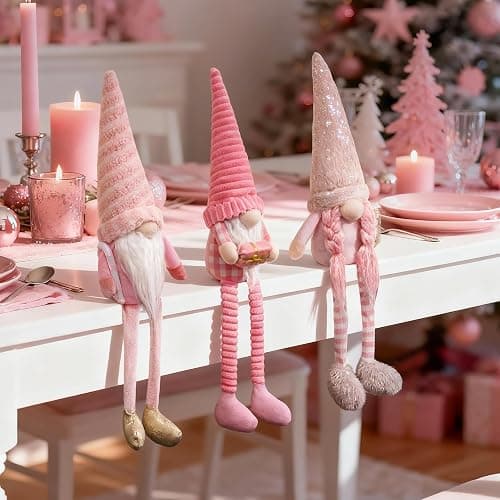 ZEBNYYA Pink Christmas Gnomes Plush Elf Decoration - 3PCS Handmade Xmas Long Dangle Leg Winter Gnomes Hold Christmas Tree Candy Cane Gift Box Santa Dolls for Home Table Ornament, Tiered Tray Decor thumbnail 6