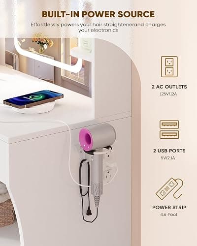 LIVELYGLOW Makeup Vanity Desk with Smart LED Mirror and Power Outlet, Small Makeup Vanity Table with 2 Drawer and 5 Shelves, Dressing Table-White - 01_white - LED Vanity with Shelves thumbnail 6