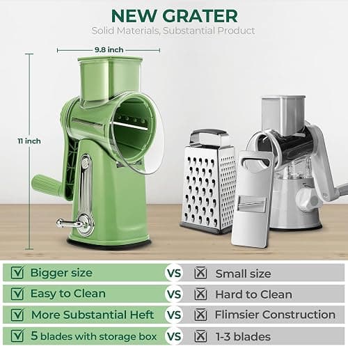 SUSTEAS Rotary Cheese Grater with Handle - Vegetable Shredder with 5 Well-designed Blades & Strong Suction Base,Round Mandoline Slicer & Food Chopper for Kitchen,with Blade Storage Box(Retro Green) thumbnail 2